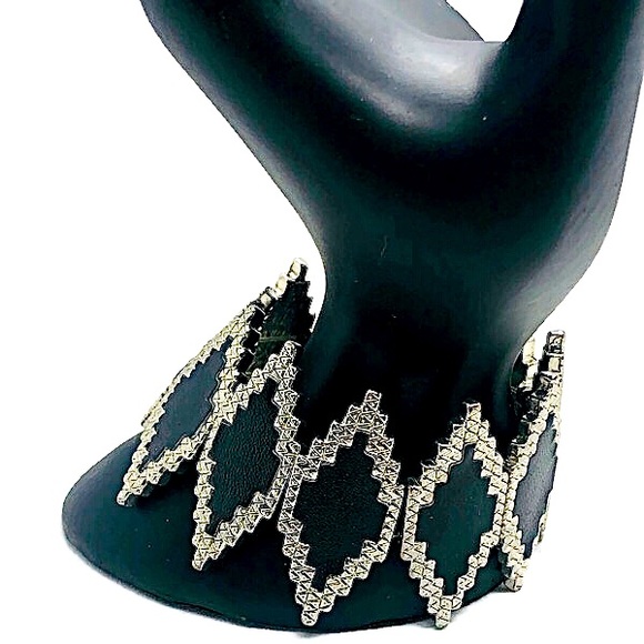 Jewelry - Faux Black Leather Stretch Silver Tone Bracelet